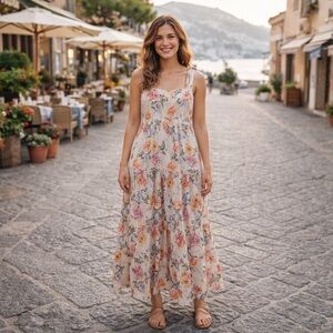 House Of Harlow Floral Maxi Dress Size Large Linen Blend Pink Cottagecore Rose